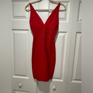 Herve LegerRed V-Neck Bodycon Dress